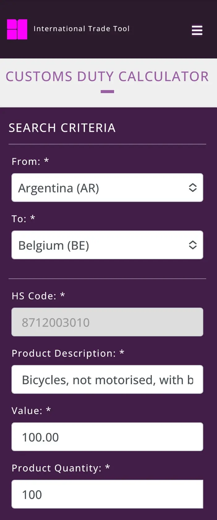 Image of the Duty Calculator